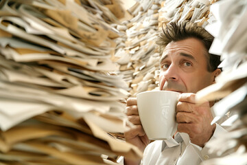 funny portrait of a insurance broker looking at a tall pile of papers while holding the coffee cup in his hands