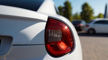 Fototapeta premium Rear view of car parked outside in parking area. Used car sales or rental service. Car insurance background. Car dealership and dealer agent concept.