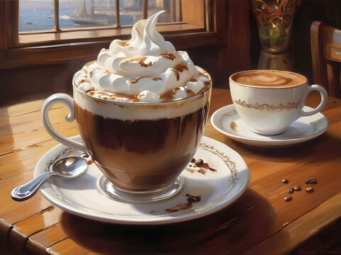 a painting of a cup of coffee with whipped cream,
