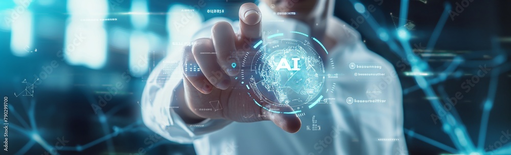 Poster The photo shows how humans use AI artificial intelligence to analyze and process large amounts of data, which contributes to increased efficiency and productivity. Wide banner
