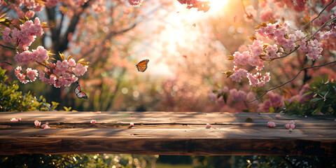 Spring background with wooden table, cherry blossoms, and butterflies, perfect for product displays or outdoor events.