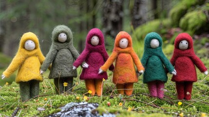 Girl friend dolls are standing in the forest, their outfits are in different colors. Toys made of wool by felting technology. Fairy-tale character. Handmade. Design for cover, card, postcard, etc. - obrazy, fototapety, plakaty