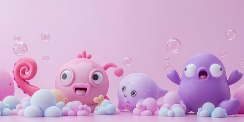 Süße Figuren und Bubbles in pink und lila als Hintergrundmotiv und Druckvorlage für Tapeten im Kinderzimmer, ai generativ - obrazy, fototapety, plakaty