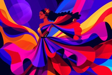 An impassioned flamenco dancer in motion, with vibrant colors swirling around, ideal for cultural festivals, dance events, and lively design projects. - obrazy, fototapety, plakaty