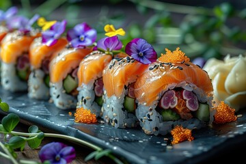 A dish of sushi made with bacon, cheese and colored flowers on top