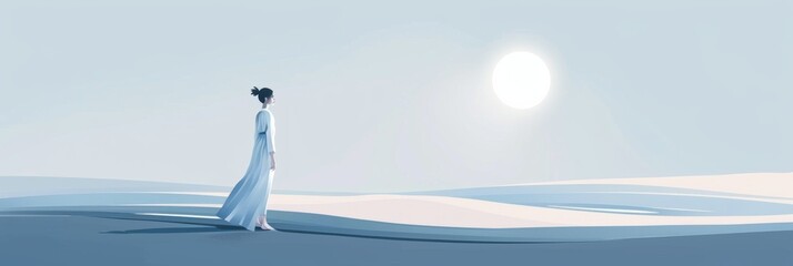 A solitary figure stands in an ethereal blue landscape, evoking themes of introspection and the vastness of self.