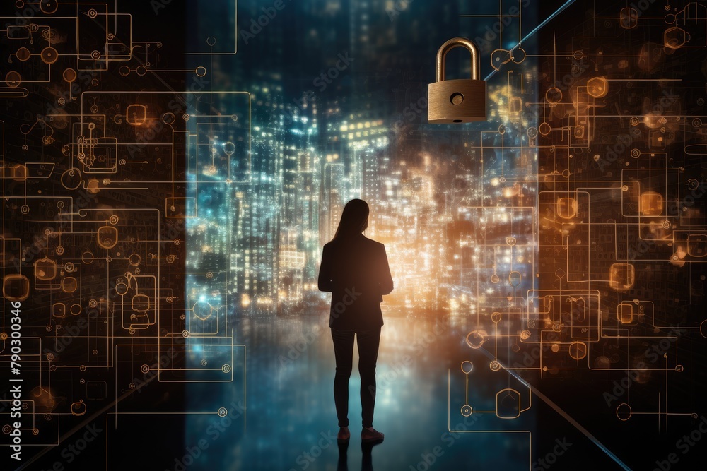 Leinwandbilder person standing behind vr holographic background with security, hacking security background in holog
