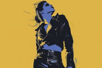 This bold illustration portrays a woman in a leather jacket, her hair tousled by the wind, perfect for edgy fashion editorials and marketing. - obrazy, fototapety, plakaty