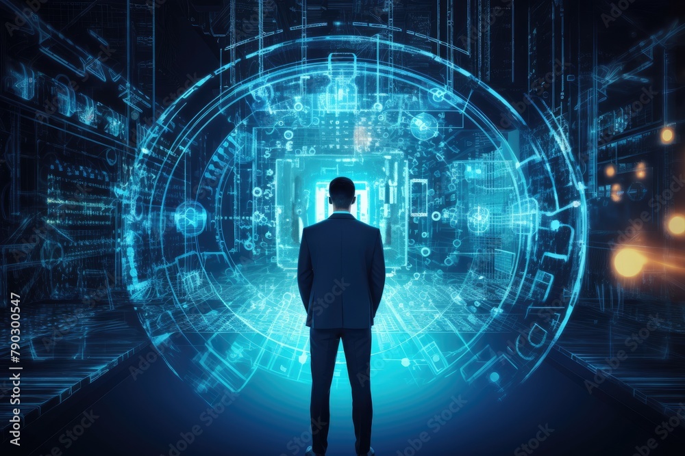 Fototapete Person standing behind VR holographic background with security, Hacking security background in hologram