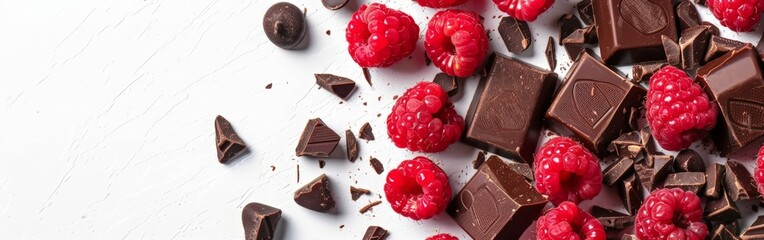 Delectable Raspberry and Chocolate Pieces Sprinkled on White Surface for Gourmet Background. top...