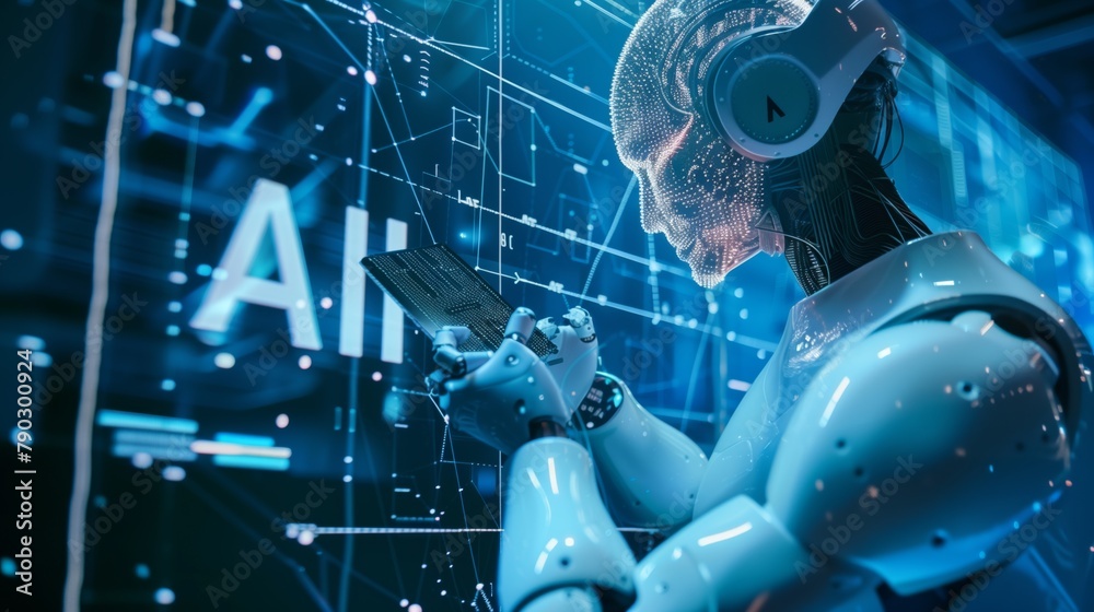 Aufkleber The futuristic robot is depicted in a dynamic state, ready to perform complex technological tasks with high precision. Assistant in the image of artificial intelligence AI