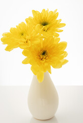 a bouquet of yellow flowers in a white vase on a white background