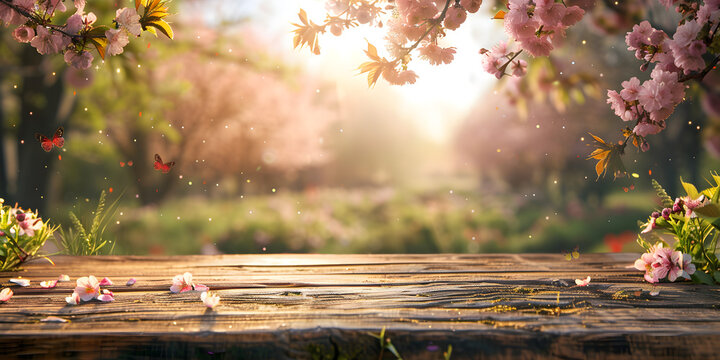Spring background with empty wooden table in a blooming cherry orchard, perfect for product display or Easter celebration