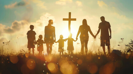 Cross, faith and prayer with family holding hands outdoor at sunset for belief, praise or worship together. God, Jesus and religion with silhouette of people praying for miracle from back at crucifix - obrazy, fototapety, plakaty