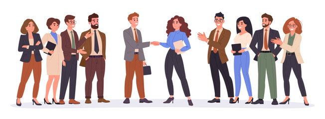 Businessmen shaking hands. Two business people shaking hands surrounded by greeting colleagues flat vector illustration. Business partnership scene © GreenSkyStudio