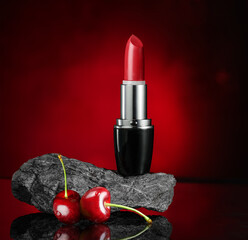 Red Lipstick over red background with cherry