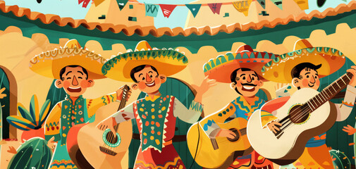 Painting of people playing music during Cinco de Mayo.