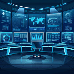 A futuristic command center with multiple screens displaying data and a large world map