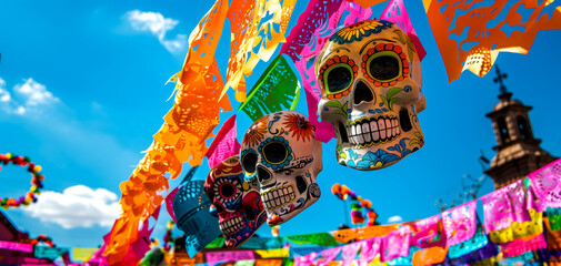 Decorations and colorful flags at the Cinco de Mayo festival.