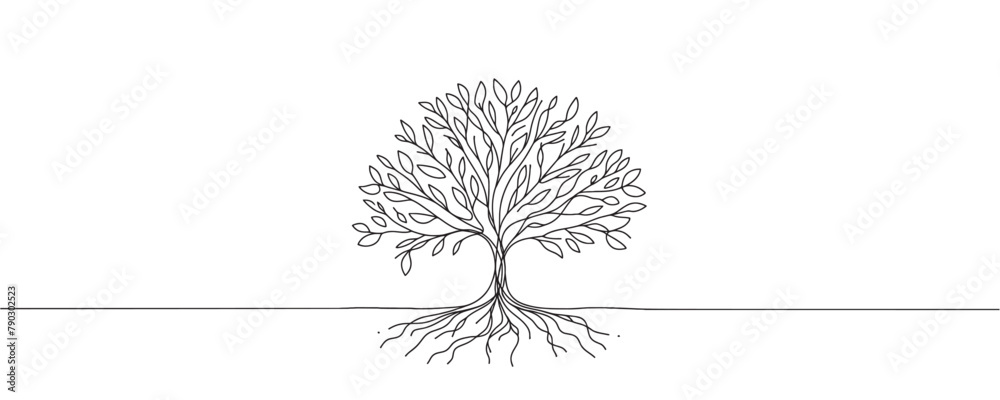 Wall mural tree in one line. graphic vector illustration of a continuous line drawing of a tree with roots