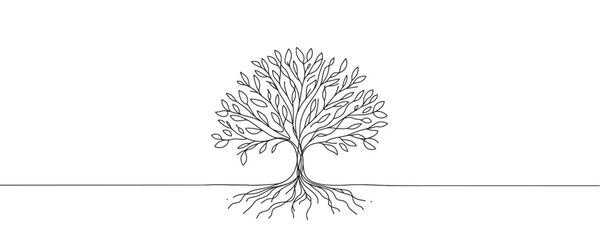 tree in one line. Graphic vector illustration of a continuous line drawing of a tree with roots