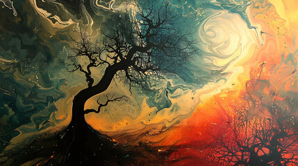 
Whirlwind of Seasons
A tree stands at the vortex of a swirling fusion of seasons, where fiery autumn meets the verdant calm. - obrazy, fototapety, plakaty