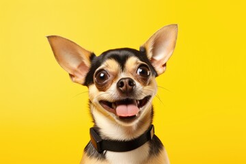 Happy dog promotional photo on yellow background