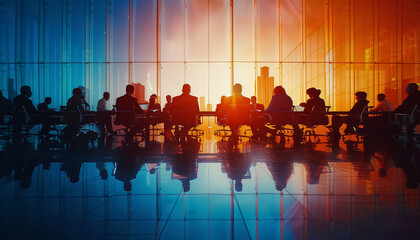 A group of people are sitting around a table in a conference room