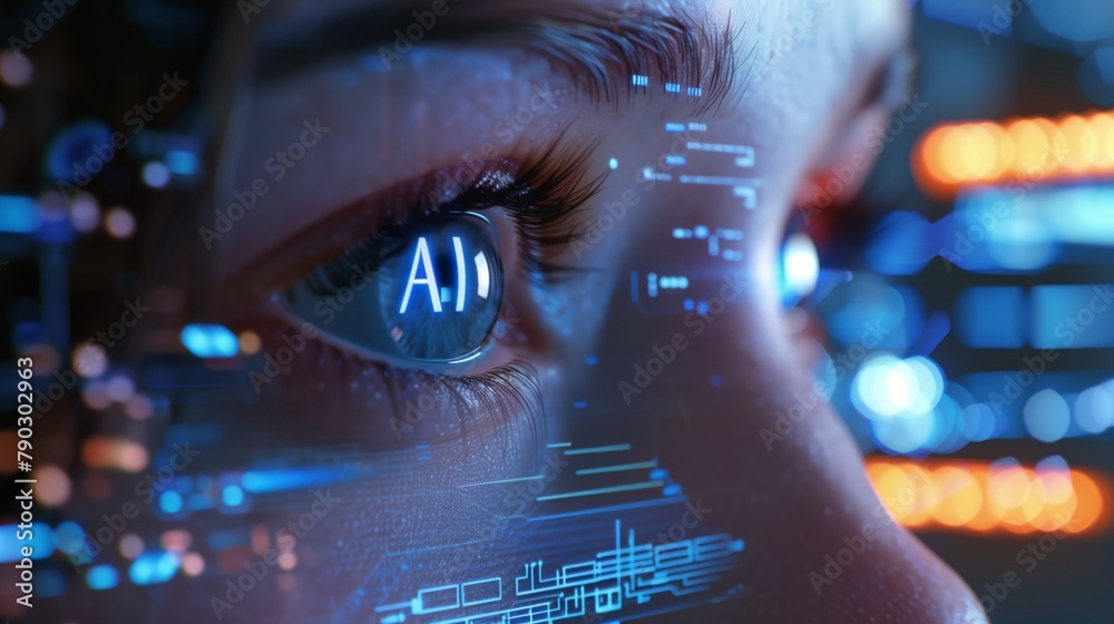 Poster The person in the photo communicates with AI artificial intelligence, exchanging data and information to carry out collaborative activities.