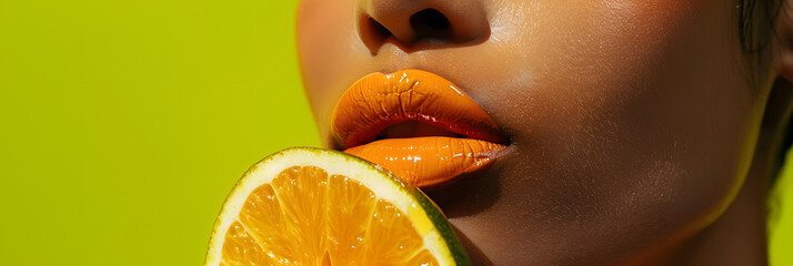 a woman's lips glossed with vibrant orange - obrazy, fototapety, plakaty