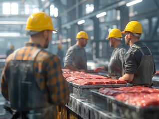 A group of men wearing yellow hard hats are working in a meat processing plant. Scene is serious and focused, as the workers are diligently processing the meat