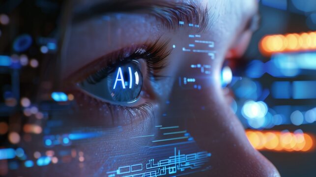 The person in the photo communicates with AI artificial intelligence, exchanging data and information to carry out collaborative activities.