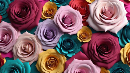 multicolored rose flowers background, top view