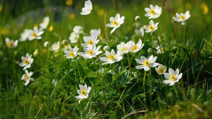 Wild anemone blooming amidst the grass in the meadow