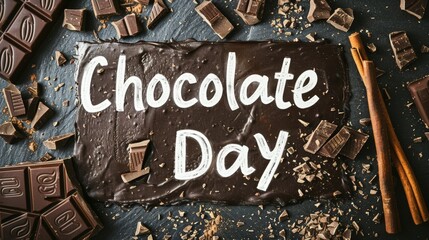 Chocolate Day Celebration Background with Assorted Dark Chocolate Pieces