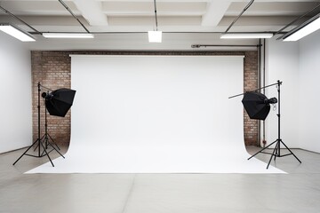 studio room with white background wall and studio light umbrella