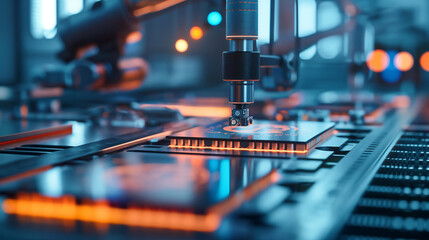 A close-up of silicon wafers moving along a precision conveyor line, with robotic arms delicately placing chips while AI inscriptions are etched onto their surfaces.