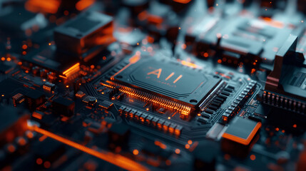 A mesmerizing close-up shot of computer chips gliding through a futuristic assembly process, showcasing the sleek "AI" insignia etched on every chip.