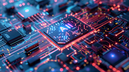Fototapeta premium Intricately designed silicon wafers being transformed into AI-enabled microchips, captured in exquisite detail with the signature 
