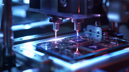 Precision machinery delicately handling silicon microchips, each one featuring the distinct and futuristic "AI" engraving.