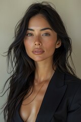 A professional photo of an extremely beautiful Mexican woman with long black hair
