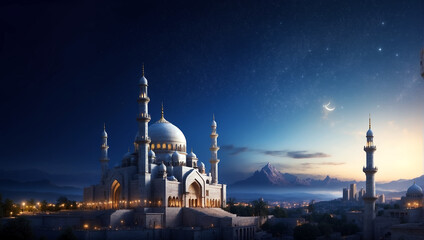 Crescent moon with intricate patterns and a goat silhouette inside it, hanging lanterns. And a skyline of mosques and minarets against a dark blue background
