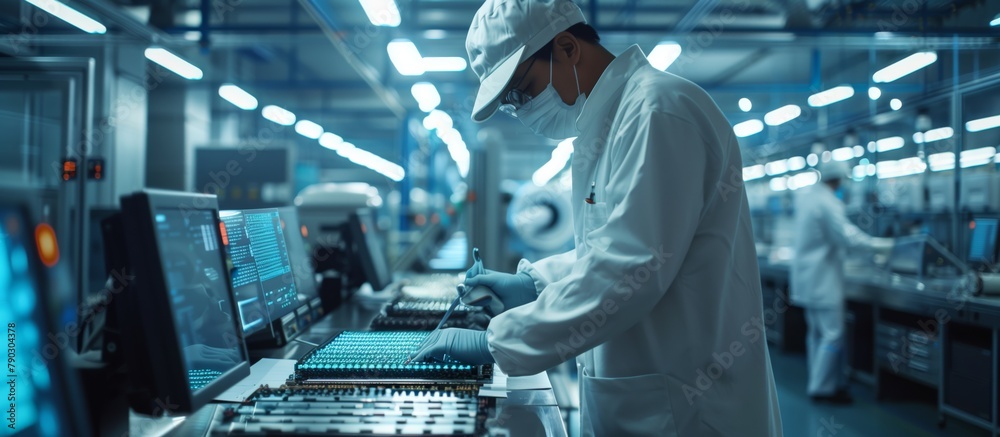 Poster A lab technician carefully works with small parts, assembling and testing components before incorporating them into the manufacturing process. Chip & Semiconductor Factory