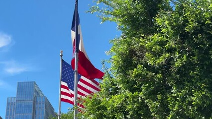 Fort Worth, TX USA - April 5, 2025: Texas and American flag together blowing in the wind.