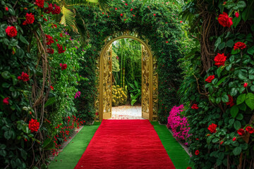Golden Doors Amidst Verdant Flora with Red Carpet
