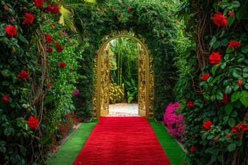 Fototapeta premium Golden Doors Amidst Verdant Flora with Red Carpet