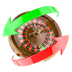 Casino roulette with green and red arrows around. 3d rendering isolated on transparent background