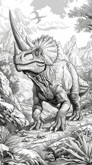 Dinosaurs: A coloring book illustration of a Carnotaurus, known for its horns and powerful leg