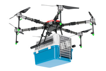 Delivery drone with pet travel plastic cage, 3D rendering isolated on transparent background