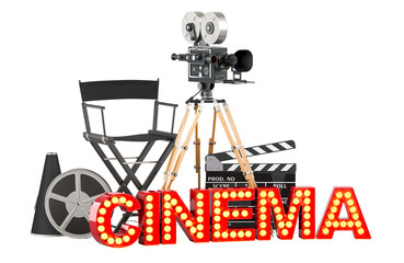Cinema concept. Movie camera, film reels, chair, megaphone and clapperboard with cinema signboard from golden light bulb letters. 3D rendering isolated on transparent background